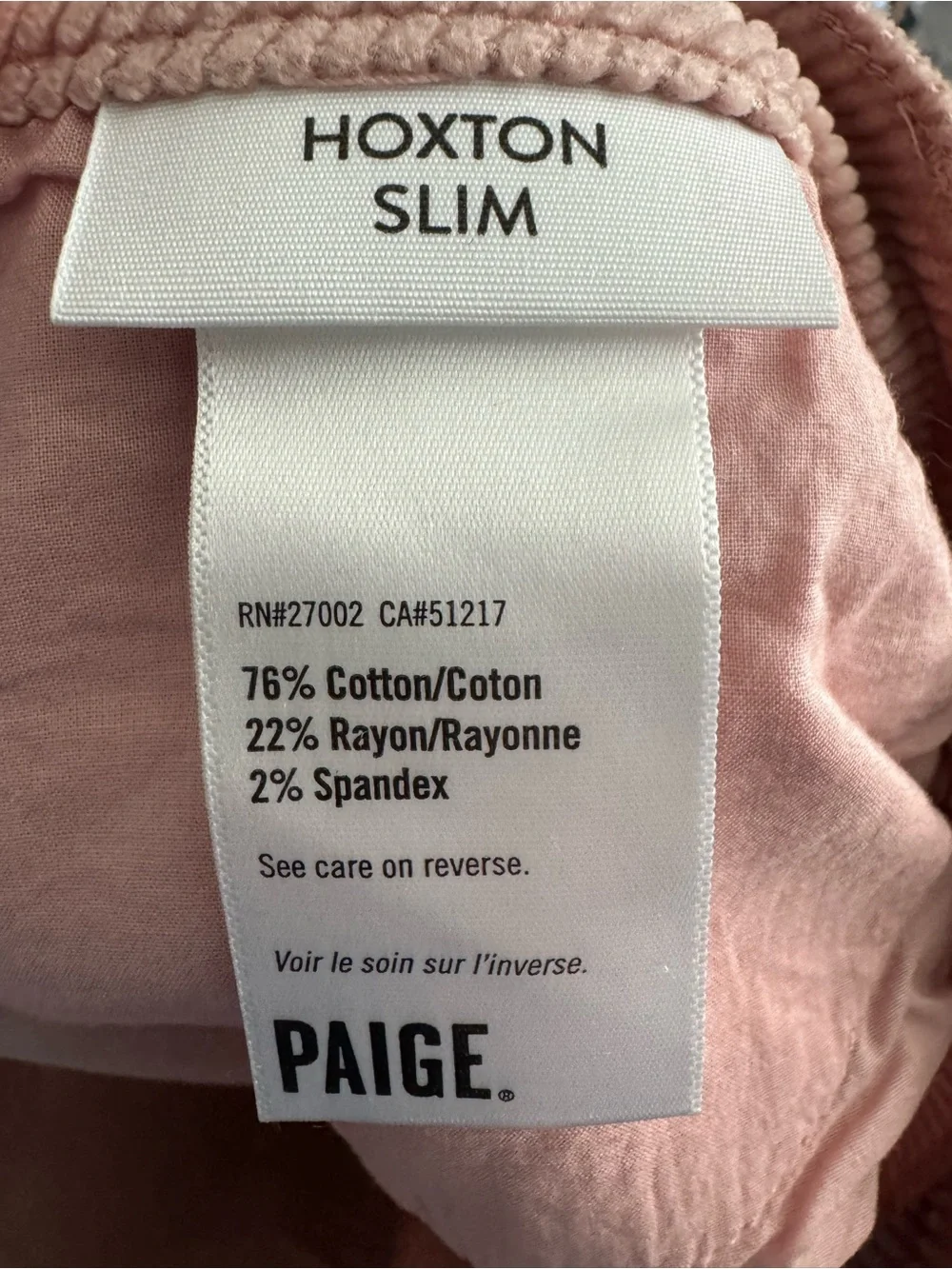 NWOT PAIGE Hoxton Slim High-Rise Stretchy Corduroy Jeans Rose Pink US 29 or 8